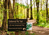 Thumbnail 52 of 61 - A trail sign for the Goldenrod Pet Trail is displayed in a wooded area.