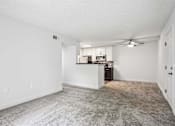 Thumbnail 13 of 42 - A spacious living room with a kitchenette in the background.