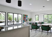 Thumbnail 14 of 17 - A modern living room with a large painting on the wall and a view of trees outside the windows.
