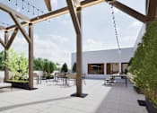 Thumbnail 5 of 17 - A modern outdoor seating area with wooden beams and white tiled floors.