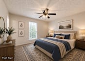 Thumbnail 4 of 18 - A bedroom with a bed, two nightstands, and a ceiling fan.