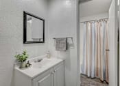 Thumbnail 2 of 28 - A bathroom with a sink, mirror, and shower.