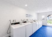 Thumbnail 16 of 28 - A row of white sinks in a clean, white bathroom.