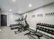 Thumbnail 8 of 15 - A gym room with a row of treadmills and a row of dumbbells.