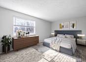 Thumbnail 3 of 15 - A bedroom with a large bed and a wooden dresser with a plant on it.