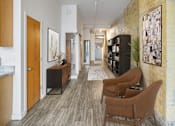Thumbnail 14 of 19 - A room with a yellow brick wall and a long wooden floor.