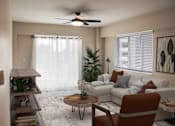 Thumbnail 17 of 18 - A living room with a brown chair and a white couch.