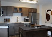 Thumbnail 10 of 18 - A modern kitchen with dark wood cabinets and stainless steel appliances.