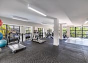 Thumbnail 18 of 33 - A gym with treadmills, exercise bikes, and weights.