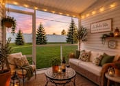 Thumbnail 45 of 47 - A cozy outdoor patio with a couch, table, and a view of the lawn and trees.