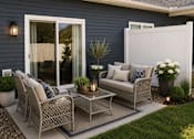 Thumbnail 32 of 38 - A patio with a sofa, chairs, and a coffee table.