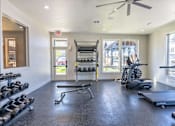Thumbnail 7 of 51 - A gym with a treadmill, weights, and a bench.
