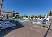 Thumbnail 9 of 51 - A pool area with sun loungers and a building in the background.