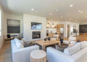 Thumbnail 26 of 82 - A modern living room with a fireplace and a television.