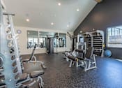 Thumbnail 32 of 82 - A gym with a variety of equipment including a leg press machine, a chest press machine, a leg curl machine, a leg extension machine, a lat pulldown machine, a cable machine, a squat rack, a bench
