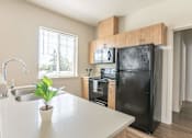 Thumbnail 33 of 36 - A black refrigerator is in a kitchen with a sink and a window at Forestplace Apartment Homes, Forest Grove