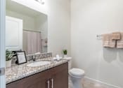 Thumbnail 25 of 72 - A bathroom with a toilet, sink, and mirror at Riverplace Apartment Homes, Independence, OR