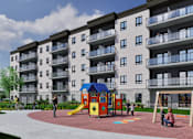 Thumbnail 2 of 24 - A playground with a slide and a swing set in front of apartment buildings.