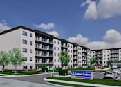 Thumbnail 1 of 24 - A rendering of a modern apartment complex with a parking lot and a sign that says Listowel Gardens.