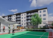 Thumbnail 6 of 24 - A group of people are playing tennis on a court.
