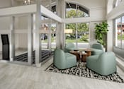 Thumbnail 6 of 8 - A modern living room with a glass door entrance.