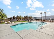 Thumbnail 19 of 23 - A swimming pool surrounded by a concrete patio and palm trees.