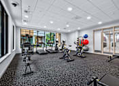 Thumbnail 8 of 38 - A gym with a variety of equipment including treadmills, exercise bikes, and weights.