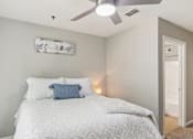 Thumbnail 15 of 33 - A bedroom with a bed, pillows, a ceiling fan, and a painting on the wall.