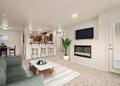 Thumbnail 13 of 18 - A modern living room with a fireplace and a flat screen TV.