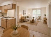 Thumbnail 14 of 14 - A modern kitchen with wooden cabinets and a dining table with chairs.
