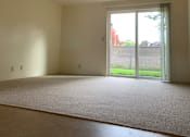 Thumbnail 12 of 16 - A room with a carpet floor and a sliding glass door leading to a backyard.