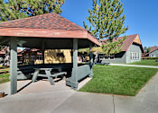 Thumbnail 4 of 42 - A pavilion with picnic tables is surrounded by green grass.