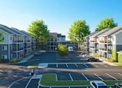 Thumbnail 4 of 10 - A street view of a residential area with cars parked and a person walking.