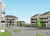Thumbnail 6 of 11 - A drawing of apartment buildings with a courtyard in the middle.