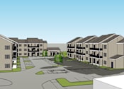 Thumbnail 9 of 11 - A rendering of a residential complex with multiple buildings and a central courtyard.
