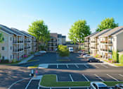 Thumbnail 1 of 11 - A street view of a residential area with cars parked and people walking.