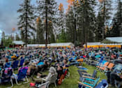 Thumbnail 29 of 30 - A large crowd of people are sitting in the grass watching a concert.