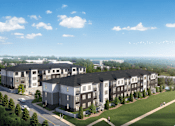 Thumbnail 28 of 48 - A large apartment complex with multiple buildings and a few cars parked outside.