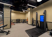 Thumbnail 6 of 25 - A gym with a variety of equipment including a treadmill, weights, and a screen.