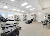 Thumbnail 17 of 36 - A gym with treadmills, weights, and exercise equipment.