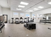 Thumbnail 16 of 36 - A gym with a variety of equipment including treadmills, weights, and exercise machines.
