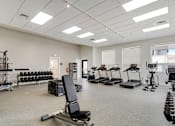 Thumbnail 18 of 36 - A spacious gym with a variety of equipment including treadmills, dumbbells, and weight machines.