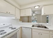Thumbnail 77 of 133 - A white kitchen with a stove, dishwasher, and sink.
