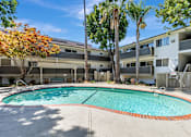 Thumbnail 7 of 43 - A swimming pool surrounded by trees and apartment buildings.