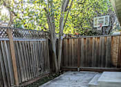 Thumbnail 13 of 42 - A backyard with a basketball hoop and a wooden fence.