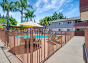 Thumbnail 19 of 25 - A pool surrounded by a fence with chairs and umbrellas.