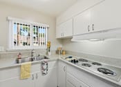 Thumbnail 13 of 33 - A kitchen with white cabinets and a window overlooking a palm tree.
