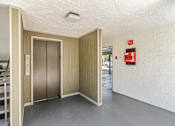 Thumbnail 38 of 43 - A room with a white ceiling and a grey floor with a wooden door and a red fire extinguisher on the wall.