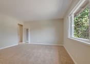 Thumbnail 19 of 34 - A room with a carpeted floor and a window showing trees outside.