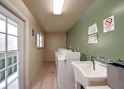 Thumbnail 13 of 16 - A bathroom with a green wall and a white sink.